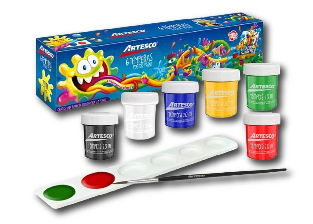 TEMPERA DE 6 COLORES CON PINCEL Y PALETA MEZCLADORA 20ML